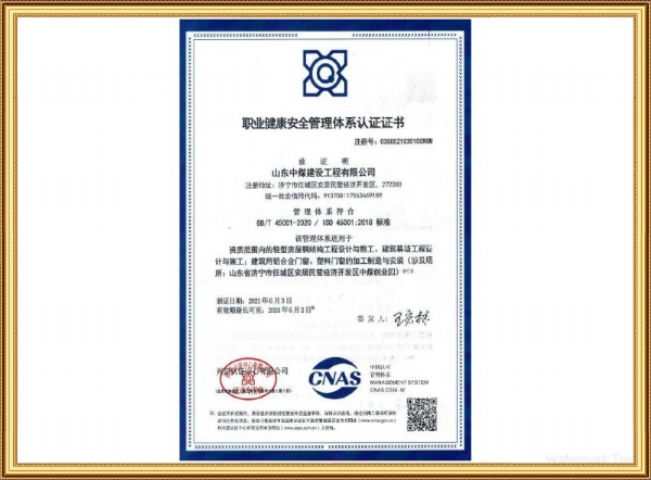 职业康健清静治理系统认证证书