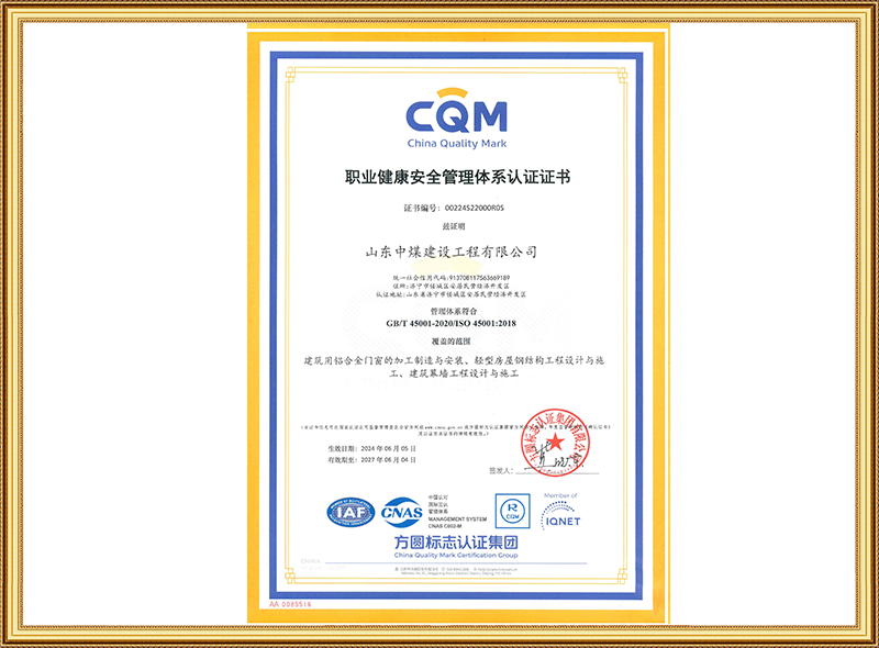 职业康健清静治理系统认证证书